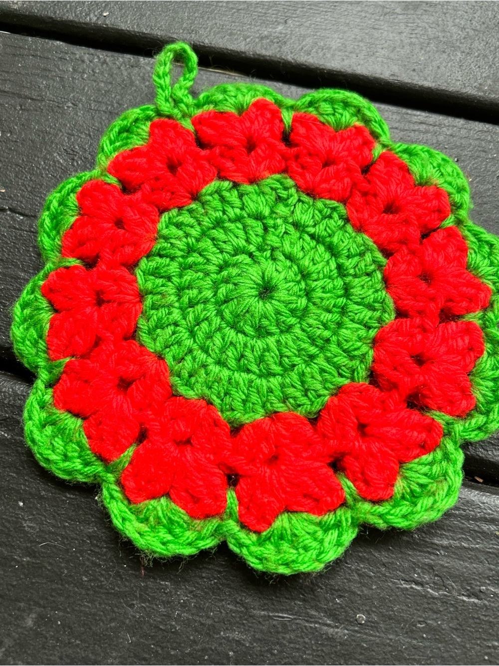 Handmade Crochet Green and Red Doilie Pot Holder hot pad Handmade Home Accent
